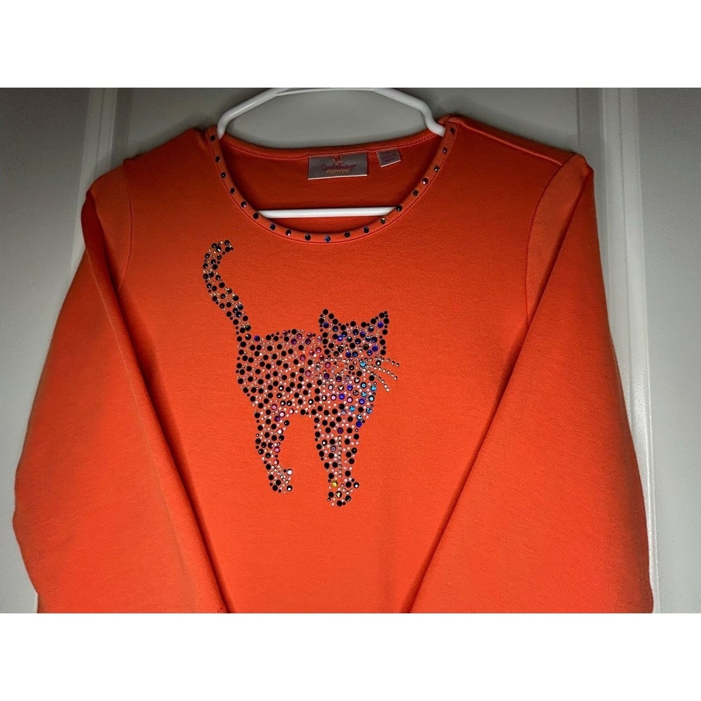 Vintage 90's Quacker Factory Halloween Cat Rhinestone 3/4 Long Sleeve Shirt